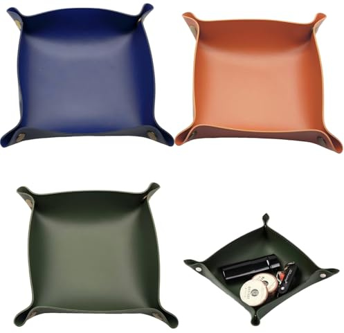 JXAurix PU-läder förvaringsbricka nyckelhållare vikbar bordsförvaring 25 × 25 cm vattentät reptålig smycke hylla mörkgrön orange mörkblå set om 3