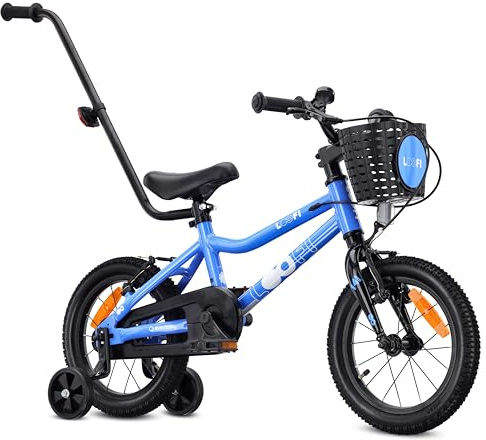 SUN BABY LOOFI lätt barncykel 12/14/16 | För 2–6 år, max. 50 kg, aluminiumram, stödhjul, korg, ringklocka och klistermärken