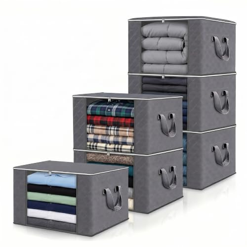 Set 6 Scatole per Vestiti 90L con Coperchio e Maniglie Rinforzate, Scatole per Armadio Pieghevoli, Contenitori Sottoletto Salvaspazio Grigio per Trasloco, per Coperte e Biancheria da Letto