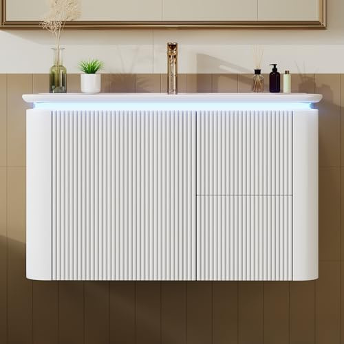 VIEKOS 80,5 × 47,5 × 51 cm, mueble de lavabo colgante de pared, completamente lacado, estructura vertical, cajones silenciosos, diseño antigolpes, lavabo de una pieza, blanco