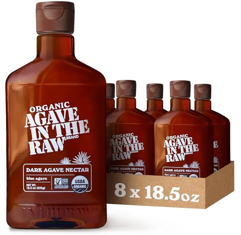 Agave In The Raw Organic Agave Nectar Sweetener, Blue Agave Syrup, No Erythritol, Sugar Substitute for Coffee, Baking, Hot & Cold Drinks, Natural, Low Carb, Vegan, Gluten-Free, 18.5oz Bottle (8 Pack)