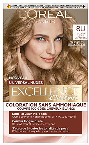 L’ORÉAL PARIS - Coloration Cheveux Permanente - Longue Durée - Résultat Naturel & Lumineux - Couvre 100% des Cheveux Blancs - Excellence Crème Universal Nudes - Nuance : Universel Blond Clair (8U)
