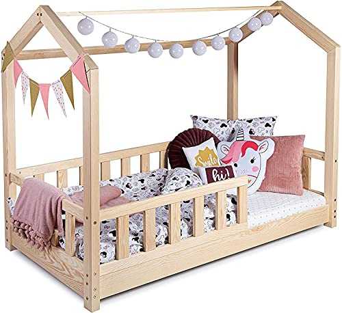 Kinderbett Bett Hausbett 60x120 mit Rausfallschutz Latternost Bettgestell aus Kiefer Holz für Haus Kinder Jungen & Mädchen - Holzbett Baby Kinderzimmer Junge Deko (Rausfallschutz: MIT)