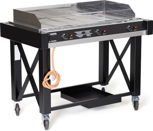 HENDI Barbecue a gas 'Atlanta', griglia a gas, 3 fuochi, superficie della piastra: 1100x500mm, 13kW, 1285x770(H)917mm, acciaio, nero
