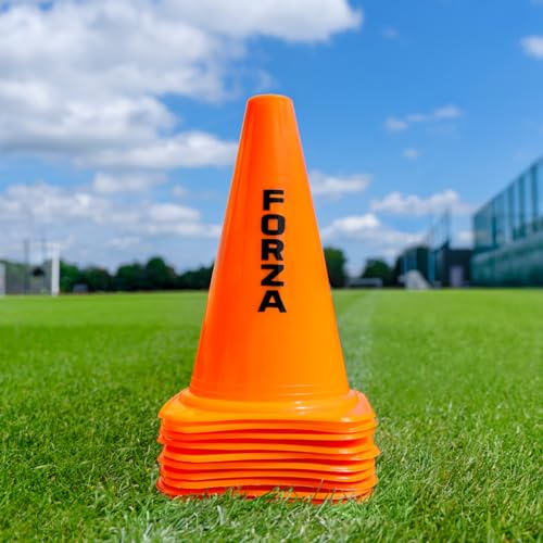 FORZA Conos Marcadores de Entrenamiento Multideportivos – Conos de Tráfico de Plástico Resistentes para Todos los Deportes y Entrenamiento | Colores Fluorescentes (Paquete de 10, Naranja, 23cm)