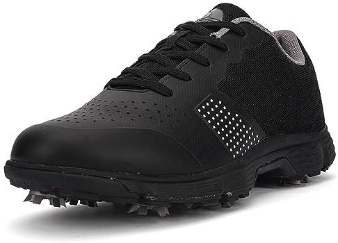 NGARY Men's Golf Shoes with Spiked Wide Fitting Golf Footwear Non-Slip Breathable Outdoor Casual Trainers Big Size,Black,14 UK