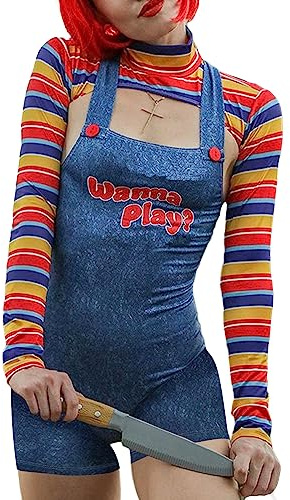 PDYLZWZY Costume d'Halloween pour femme - Poupée effrayante de tueur de cauchemar - Voulez-vous jouer - Robe de personnage de film - Ensemble de 2 pièces de costume de poupée Chucky (bleu, S)