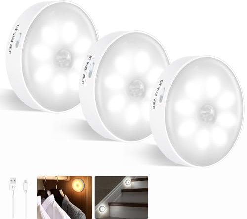 Motion Sensor Lights Indoor, Warm/Cool White Smart Stair Lights USB Rechargeable Battery LED Magnetic Night Light for Stairs, Bedroom, Closet, Kitchen, Hallway, Cabinet, 3 Pack