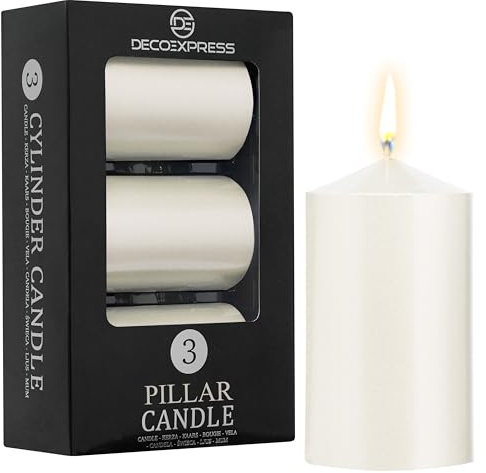 DECO EXPRESS Metallic Stumpenkerzen Set, 3er-Pack, Kerzen Lange Brenndauer, 30 Stunden, Geruchslos (Metallic Weiß - 3er-Pack)