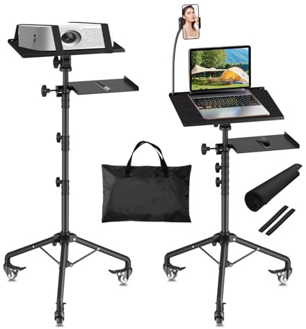 OUKMIC Support de projecteur avec Roues, trépied pour Ordinateur Portable avec Plateau de Souris et Sac, Hauteur réglable de 66 à 124 cm, trépied pour projecteur avec col de Cygne pour projecteur,
