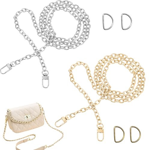 WUSANNA 2 Stück Taschenkette Taschenkette Gold Taschenkette Silber Metall Kette Trageriemen Gold Kette für Tasche Flacher Kettenriemen für Handtasche Geldbörse Clutch Abendtasche