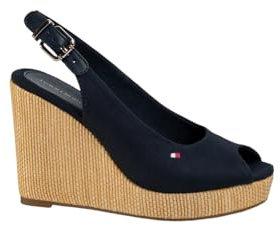 Tommy Hilfiger Sandali con Zeppa da Donna Marchio, Modello Iconic Elena Sling Back Wedge FW0FW04789, Realizzato in Cotone. Blu Scuro Blu 40