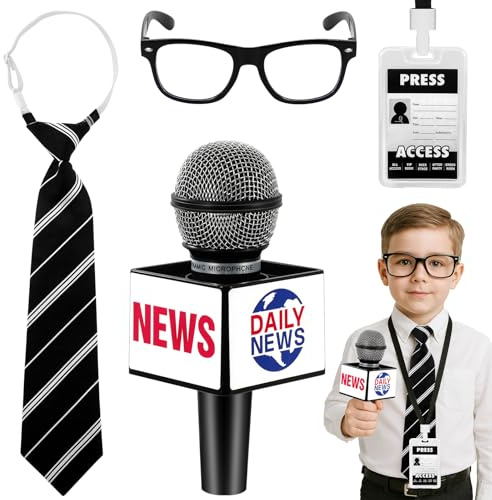 BTHRORO Barn nyhets reporter kostym rekvisita set, journalist tillbehör med rekvisita mikrofon presspass förbunden slips svart falska glasögon för halloween cosplay karriär dag fest