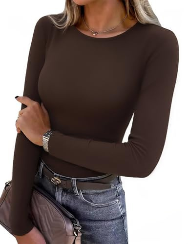 Aottori Womens Long Sleeve Tops Ribbed Knit Round Neck Shirts Slim Fitted Basic Blouse Tee Shirts Soft Casual Base Layer Underwear Pullover Tunic Brown XXL
