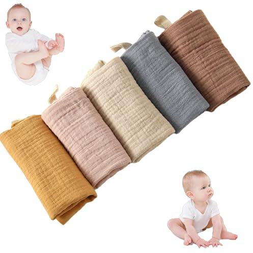 FOEEORT 5 PCS Muslin Cloths for Baby,Wash Face Muslin Squares,Suitable for Newborn Baby Wiping Bathing Feeding