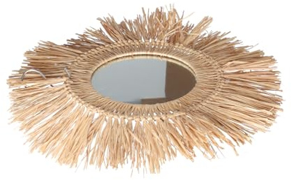 HIAKDOFT Espejo Colgante De Pared De Paja Natural Diseño Vintage Redondo Macramé Flecos Espejo para Maquillaje Pasillo y Cuarto De Baño
