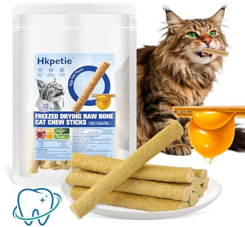 Hkpetie 30g Freezed Dried Cat Chew Stick Egg Yolk Flavor, Cat Dental Treats for Freshens Breath and Reduce Tartar, Feline Teething Sticks Cats Treats Snack
