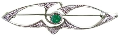 I brosch I design jugendstil I äkta 585 vitt guld med 8 riktiga diamanter + 1 äkta smaragd I