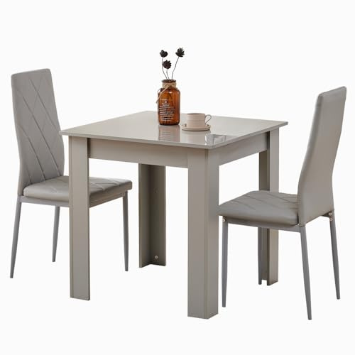 Rainbow Tree Modern 3 Piece Dining Room Table and Chairs Set, Wooden Square Table with 2 Chairs for Small Space Apartment Space Saving (Grey Table+2 Grey Argyle PU Chair)