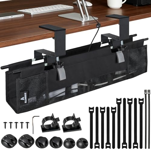 Organizador de Cables Escritorio de Tela, Montaje con Abrazadera o Tornillos, Bandeja Cables Escritorio Que Recoge, Organizer y Ocultar, Management Under Desk Kit para Oficina en Casa