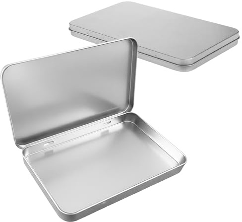 Vbxvsa 2 cajas de metal con tapa abatible, pequeñas cajas de almacenamiento de chapa, 17,8 x 10,8 x 1,5 cm, resistentes y reutilizables para decoración, manualidades, cocina, taller (plata)