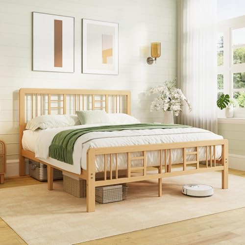 Hunlostten Wooden Double Bed Frame with Headboard - Bamboo Wood Bed Frames with Metal Slats Support and Underbed Storage, Easy to Install, Noise Free, Sturdy, 30.5 cm High