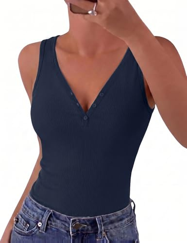 Gyabnw Top Senza Maniche Donna Scollo a V Canotta a Costine con Bottoni Funzionali Maglia Estiva Aderente Sottogiacca Elegante Tinta Unita,Blu M