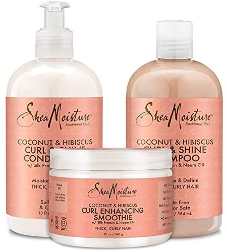 Shea Moisture Coconut & Hibiscus Curl TRIO: Includes Curl & Shine Shampoo, Curl & Shine CONDITIONER, Curl Enhancing Smoothie