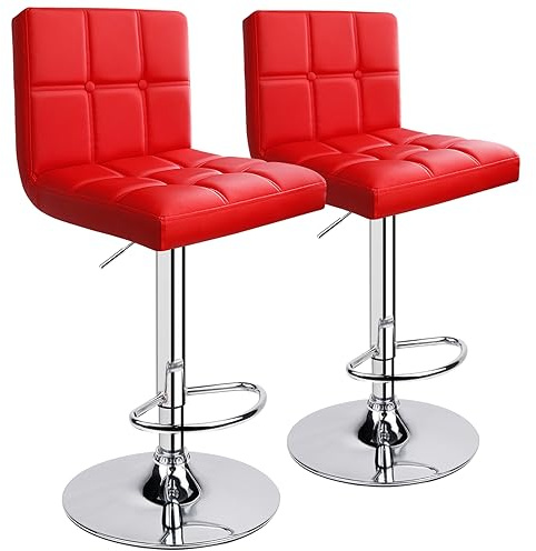 Leader Accessories 2xTaburetes de Bar Taburetes Cocina Alto con Respaldo Silla Tapizados en Cuero de Imitación Reposapiés en Acabado Cromado Altura Ajustable (Respaldo de 6 Cuadros,Rojo