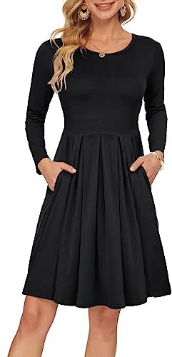 AUSELILY Women's Long Sleeve Pleated Loose Swing Casual Dress with Pockets Knee Length Black L