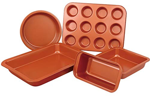 Gr8 Home Copper Non Stick Ceramic 5 Piece Cake Baking Tin Roasting Oven Biscuit Muffin Tray Cooking Baking Pan Set Ovenware Cookware Bakeware