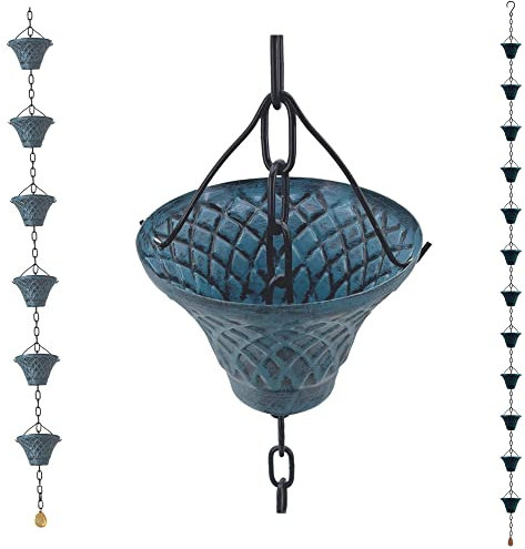 LEPTALINA [Upgraded] 8.5FT Antique Sky Blue Colored Iron (Double-Sided) Rain Chains for Gutter and Rain Barrel | Rust-Resistant Plated Garden Décor Rain Chain for Downspout (not Included an Adapter)