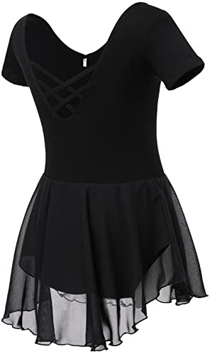 Soudittur Filles Robe de Ballet Tutu Classique Danse Justaucorps en Coton Ballet Costume de Danse avec Jupe en Mousseline (Noir, 140)