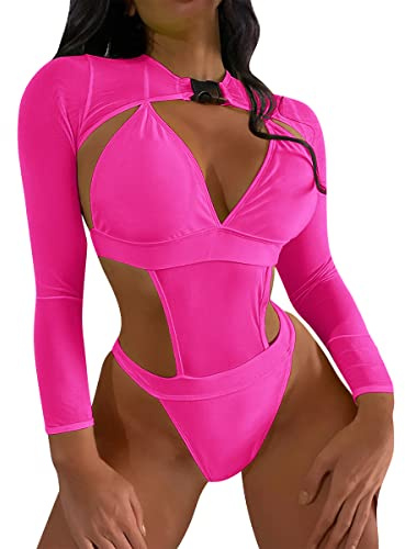 Tenues de rave, maillot de bain 2 pièces avec découpes pour femme, maillot de bain, monokini à manches longues, haut court, vêtements de festival et de vacances, rose, S