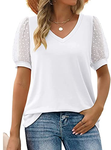 BKEPDY Chemise Femme Col V Chemisier Dentelle Chic et Élégant Tee Shirt Vintage Manche Courtes Blouse Bouffantes Décontracté Tunique Loose Haut Femme(Blanc M)