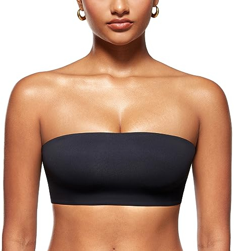 INLYRIC Women's Inbarely Strapless Bandeau Bra Bralette Tube Top Seamless Comfortable Stretchy Non Padded Bras Tops Black - Going Up One Size Medium