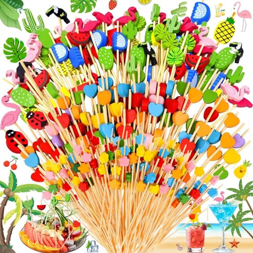 Benaton 300 Stück 12 cm Cocktail Deko Zahnstocher, Gemischte Farbe Cocktail Sticks, Holz Obst Fingerfood Sticks, Spieße Cocktail Sticks, Herz, Wassermelone, Ananas, Rosa Flamingo, Kaktus, Blumenm