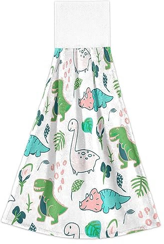 FRODOTGV 2 Stück Handtuch mit Schlaufe Geschirrtücher weiß niedliches Dino-Muster weiße Waschlappen Packung