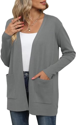 YGJIEGENG Cardigan Donna Cardigan Lungo Autunno Inverno Pullover Elegante Casual Manica Lunga Giacca Aperta per Il Tempo Libero con Tasche Grigio Scuro XL