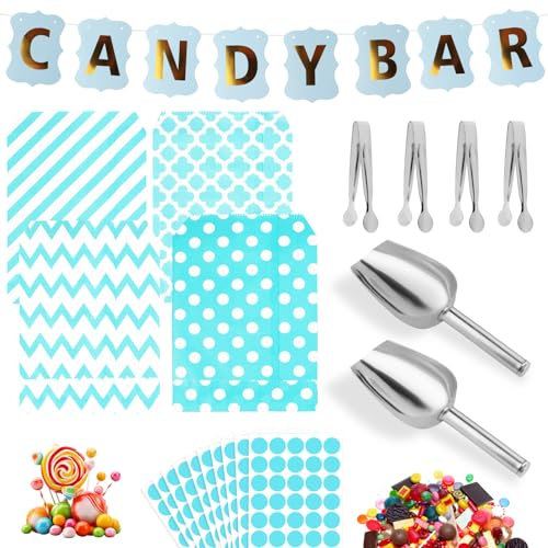 Lot de 110 accessoires pour bar à bonbons - Contient 100 sachets de bar à bonbons et 4 pinces à sucre avec pointe ronde, 2 pelles à bonbons et 3 feuilles d'autocollants (bleu)