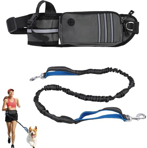 Hands Free Dog Lead with Adjustable Waist Belt, Reflective Bungee Leash & Multifunctional Pouch - Shock Absorbing Design for Running, Walking & Jogging, Fits Medium to Large Dogs (Grey)