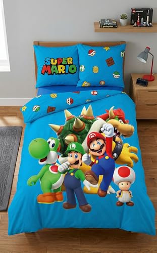 Super Mario Pojke Enkelsäng Påslakan 135x200 + Örngott | Vändbart sängset | Enkelsäng | Oeko-Tex | Mario Luigi Toad Peach | Perfekt present | Hudvänlig | Officiell licens