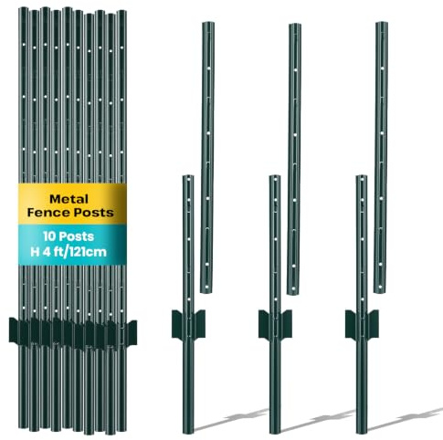 Ankishi 10 Pack Metal Fence Posts 4 FT (121CM) - Heavy Duty Steel Fencing Stakes & Garden Posts for Wire Mesh, Farm, Yard Boundary - Rustproof Ground Anchor Poles (Netting Not Included)