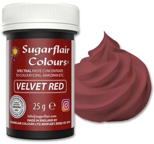 Sugarflair Lebensmittelfarbpaste Velvet Red, Konzentrierte Spectral Lebensmittelfarbe für Buttercreme, Zuckerpaste, Zuckerguss, Kuchenmischungen, Macarons und mehr! - 25g