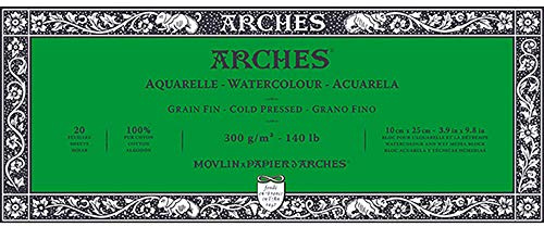 Arches Blocco Per Acquerello Incollato 4 Lati (20 Fogli) - Grana Fina - 300 G/Mq - 10X25 cm