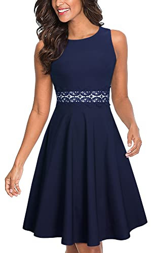 HOMEYEE Damen Vintage Rundhalsausschnitt ärmellosen Blumen Bestickt knielangen Cocktailkleid UKA079 (EU 36 = Size S, Dunkelblau)