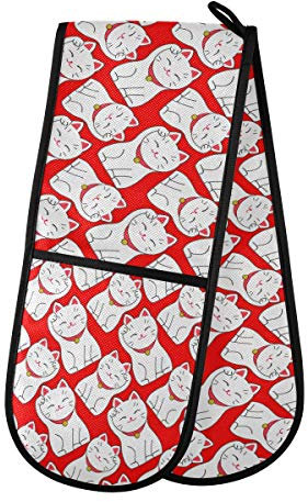 TropicalLife HaJie Guantes de horno dobles Japón Lucky Rich Fat Cat resistentes al calor para el hogar, cocina, hornear, barbacoa al aire libre