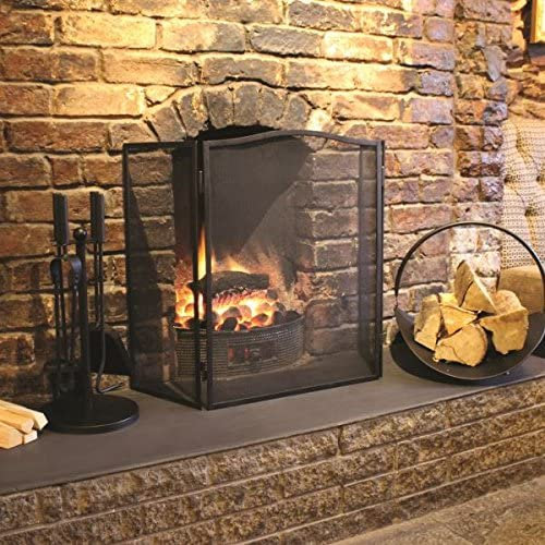 Unibos Aggloz 3 Panel Fireguard Spark Guard Fire Screen Protector Metal Arched Fire Guard Fireplace Spark Mesh Guard Freestanding Transparent Square Fire Guard Fire Place Guard Black, 62X9.5X53 CM