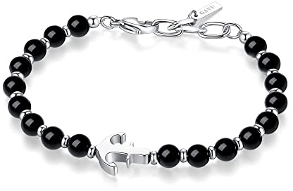 GAVU Bracciale da Uomo con Perline di Tormalina Nera e Amuleto Ancora di Acciaio Inossidabile, Bracciale Surfista da Uomo