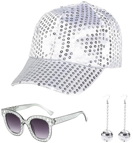 EUPSIIU 3 Piezas Accesorios de Discoteca de los 70 Disfraz Sombrero de Discoteca Plateado para Accesorios de Discoteca de los 70 con Sombrero de Lentejuelas Gafas de Sol Pendientes (3 Piezas)